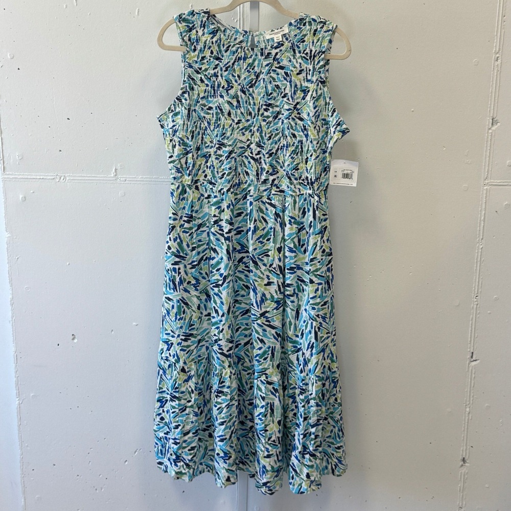 NWT Beachlunchlounge Julieta Midi Dress Blue Green Abstract Smocked Viscose M
